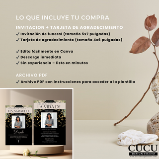 Imagen informativa de un paquete de plantillas funerarias digitales que muestra lo que incluye la compra: invitación de funeral tamaño 5x7 pulgadas y tarjeta de agradecimiento tamaño 4x6 pulgadas, ambas editables en Canva; el diseño presenta una paleta elegante en tonos beige, negro y dorado, con una vista previa de las tarjetas personalizadas con foto, texto conmemorativo y detalles florales; también destaca beneficios como descarga inmediata, edición fácil sin experiencia y un archivo PDF con instruccione