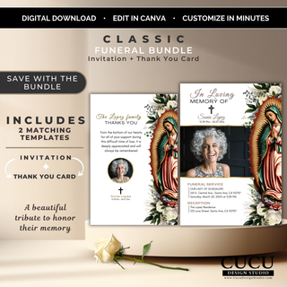 Editable Classic Funeral Bundle Canva Template featuring a matching funeral invitation card and funeral thank you card with elegant floral accents, Our Lady of Guadalupe artwork, and customizable photo and text sections.

ES:
Plantilla Editable Clásica para Funeral en Canva que incluye invitación funeraria y tarjeta de agradecimiento a juego, con elegantes arreglos florales, imagen de la Virgen de Guadalupe y secciones personalizables para fotos y texto.