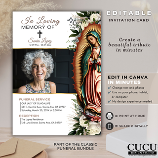 Editable funeral invitation card template with Our Lady of Guadalupe design, floral details, memorial photo area, funeral service information, and reception details. Easy to customize in Canva.

ES:
Plantilla editable de invitación funeraria con diseño de la Virgen de Guadalupe, detalles florales, espacio para fotografía conmemorativa, información del servicio funerario y recepción. Fácil de personalizar en Canva.