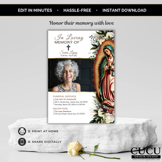 Funeral invitation card displayed on a decorative pedestal featuring Our Lady of Guadalupe artwork, personalized memorial photo, and funeral service details. Printable or share digitally.

ES:
Invitación funeraria exhibida sobre un pedestal decorativo con imagen de la Virgen de Guadalupe, fotografía conmemorativa personalizada e información del servicio funerario. Lista para imprimir o compartir digitalmente.