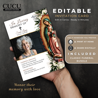 Editable funeral invitation card mockup held in hand, featuring Our Lady of Guadalupe artwork, memorial photo, funeral details, and coordinated design included in the Classic Funeral Bundle.

ES:
Maqueta de invitación funeraria editable sostenida en la mano, con imagen de la Virgen de Guadalupe, fotografía conmemorativa, detalles del servicio funerario y diseño coordinado incluido en el paquete funerario clásico.