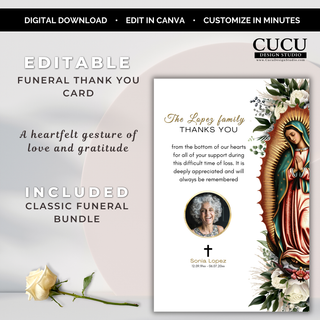 Editable funeral thank you card template with Our Lady of Guadalupe artwork, personalized photo, heartfelt appreciation message, and elegant memorial design matching the invitation card.

ES:
Plantilla editable de tarjeta de agradecimiento funeraria con imagen de la Virgen de Guadalupe, fotografía personalizada, mensaje de agradecimiento y elegante diseño conmemorativo a juego con la invitación.