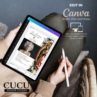 Funeral invitation Canva template shown on a tablet screen, demonstrating easy customization of photos, text, and memorial details using Canva on desktop, tablet, or mobile devices.

ES:
Plantilla de invitación funeraria en Canva mostrada en una tableta, demostrando la fácil personalización de fotografías, textos y detalles conmemorativos desde computadora, tableta o teléfono móvil.