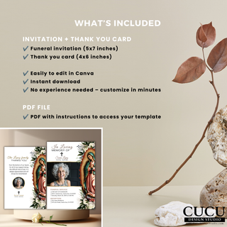 What's Included page showing the funeral invitation card, funeral thank you card, Canva editing access, instant download, and PDF instructions included with the digital template bundle.

ES:
Página de contenido incluido que muestra la invitación funeraria, tarjeta de agradecimiento, acceso para editar en Canva, descarga instantánea y PDF con instrucciones incluidos en el paquete digital.