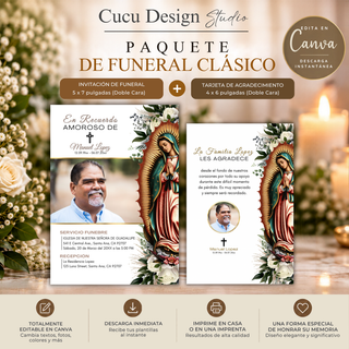 Paquete funeral con Virgen de Guadalupe editable en Canva, con invitación de funeral de 5 x 7 pulgadas y tarjeta de agradecimiento de 4 x 6 pulgadas.