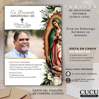 Invitación fúnebre editable en Canva tamaño 5x7 con retrato del difunto, diseño con la Virgen María estilo Guadalupe, flores blancas y tipografía elegante, incluye detalles de servicio funerario y recepción, plantilla digital en español lista para personalizar en minutos / Editable funeral invitation Canva template 5x7 featuring a portrait photo, Virgin Mary Guadalupe style illustration, white floral accents and elegant typography, includes funeral service and reception details, Spanish digital template rea