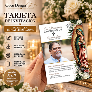 Invitación de funeral con Virgen de Guadalupe y foto del ser querido, plantilla editable en Canva de 5 x 7 pulgadas