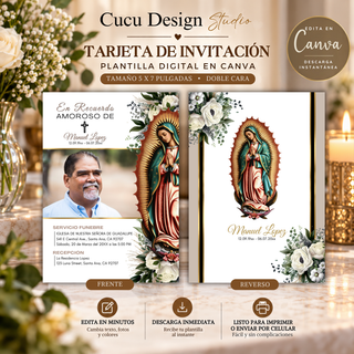 Plantilla de invitación de funeral con Virgen de Guadalupe, mostrando el frente y reverso del diseño editable en Canva.