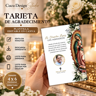 Tarjeta de agradecimiento funeral con Virgen de Guadalupe y foto del ser querido, plantilla editable en Canva de 4 x 6 pulgadas.