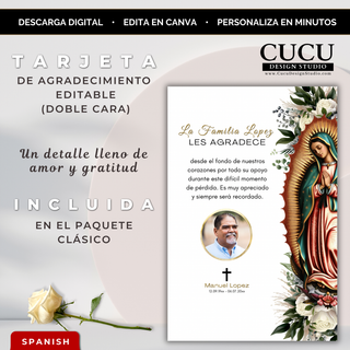 Tarjeta de agradecimiento funeraria editable en Canva tamaño 4x6 con mensaje de gratitud, fotografía circular del difunto, cruz religiosa y diseño con Virgen María y flores elegantes, plantilla digital en español ideal para expresar agradecimiento durante duelo / Editable funeral thank you card Canva template 4x6 featuring gratitude message, circular portrait photo, religious cross and Virgin Mary floral design, Spanish digital template ideal for expressing appreciation during a time of loss