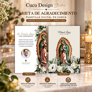 Plantilla de tarjeta de agradecimiento funeral con Virgen de Guadalupe, mostrando el frente y reverso del diseño editable en Canva.