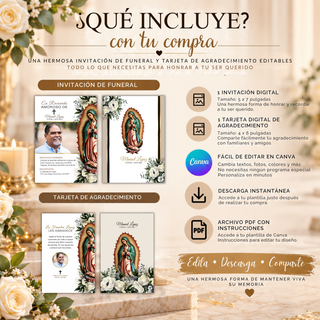 Paquete funeral con invitación y tarjeta de agradecimiento con Virgen de Guadalupe, mostrando lo que incluye la compra y edición en Canva.