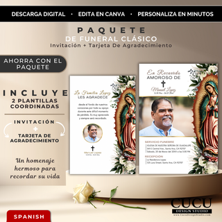 Paquete de funeral clásico editable en Canva con diseño elegante en tonos beige y dorado, incluye invitación fúnebre 5x7 y tarjeta de agradecimiento 4x6 con imagen de la Virgen María estilo Virgen de Guadalupe, flores blancas y detalles religiosos, ideal para homenaje memorial, descarga digital en español lista para personalizar y enviar o imprimir / Classic funeral bundle Canva template featuring an elegant beige and gold design, includes a 5x7 funeral invitation and 4x6 thank you card with Virgin Mary (Gu