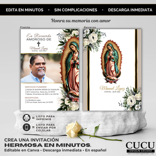 Diseño de invitación funeraria doble cara mostrando frente con foto y detalles del servicio y reverso con ilustración de la Virgen María y flores elegantes, plantilla editable en Canva en tonos neutros beige y dorado, ideal para homenaje religioso y memorial / Double-sided funeral invitation design showing front with photo and service details and back with Virgin Mary illustration and elegant floral elements, editable Canva template in neutral beige and gold tones, ideal for religious memorial tribute