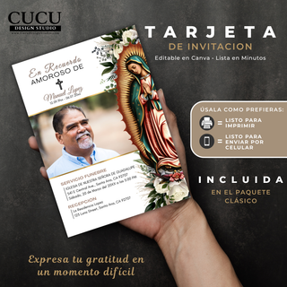 Mockup realista de invitación fúnebre sostenida en la mano, diseño elegante con imagen de la Virgen María, flores blancas y fotografía del difunto, plantilla Canva lista para editar y compartir digitalmente o imprimir, estilo moderno y respetuoso para funerales / Realistic mockup of a funeral invitation held in hand featuring Virgin Mary image, white flowers and portrait photo, Canva editable template ready for digital sharing or printing, modern and respectful funeral design
