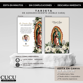 Tarjeta de agradecimiento funeraria doble cara con frente que incluye mensaje y foto del difunto y reverso con imagen de la Virgen María rodeada de flores, diseño elegante en tonos beige y dorado, plantilla editable en Canva lista para imprimir o enviar / Double-sided funeral thank you card with front including message and photo and back featuring Virgin Mary surrounded by flowers, elegant beige and gold design, Canva editable template ready to print or share