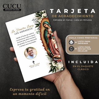 Tarjeta de agradecimiento funeraria editable en Canva mostrada en un mockup realista sostenido en la mano, diseño elegante en tonos neutros con flores blancas y detalles dorados, incluye imagen de la Virgen María estilo Virgen de Guadalupe, fotografía circular del difunto, cruz religiosa y mensaje de agradecimiento, plantilla digital lista para personalizar, imprimir o enviar por celular, ideal para expresar gratitud en un momento difícil 
