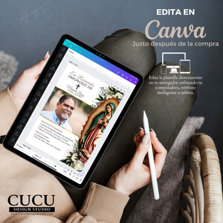 Plantilla de invitación funeraria siendo editada en Canva desde una tablet, muestra facilidad de uso para personalizar texto, fotos y detalles del servicio, diseño con Virgen María y flores elegantes, ideal para editar desde celular, computadora o tablet / Funeral invitation template being edited in Canva on a tablet, demonstrating ease of use to customize text, photos and service details, design includes Virgin Mary and floral elements, ideal for editing on phone, tablet or computer
