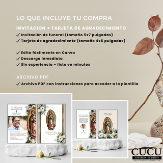 Vista informativa del paquete funerario digital mostrando lo que incluye la compra: invitación 5x7 y tarjeta de agradecimiento 4x6, edición en Canva, descarga inmediata y archivo PDF con instrucciones, diseño elegante con flores y tonos neutros / Informational view of digital funeral bundle showing what is included: 5x7 invitation and 4x6 thank you card, Canva editing, instant download and PDF instructions, elegant floral design in neutral tones