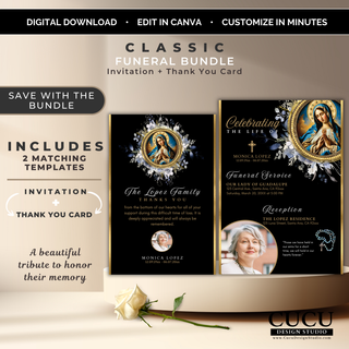 Editable Catholic funeral bundle featuring a black and gold Our Lady of Guadalupe funeral invitation and matching thank you card template in Canva. / Paquete funerario católico editable con invitación funeraria y tarjeta de agradecimiento a juego de Nuestra Señora de Guadalupe en colores negro y dorado para Canva.