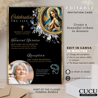 Editable Catholic funeral invitation template with Our Lady of Guadalupe artwork, gold accents, photo space, funeral service details, and reception information. / Plantilla editable de invitación funeraria católica con imagen de Nuestra Señora de Guadalupe, detalles en dorado, espacio para fotografía, información del servicio funerario y recepción.