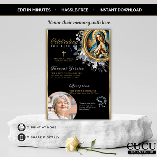 Elegant Catholic celebration of life invitation card displayed on a pedestal, featuring Our Lady of Guadalupe, personalized photo, and black and gold memorial design. / Elegante invitación católica para celebración de vida exhibida sobre un pedestal, con Nuestra Señora de Guadalupe, fotografía personalizada y diseño conmemorativo en negro y dorado.