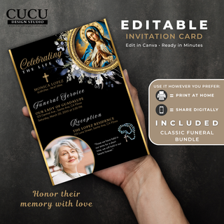 Catholic funeral invitation Canva template shown in hand, featuring Our Lady of Guadalupe artwork, memorial details, and editable black and gold design. / Plantilla Canva de invitación funeraria católica mostrada en una mano, con imagen de Nuestra Señora de Guadalupe, detalles conmemorativos y diseño editable en negro y dorado.