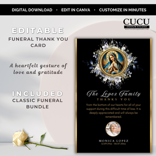 Editable Catholic funeral thank you card template with Our Lady of Guadalupe illustration, memorial photo, appreciation message, and elegant black and gold design. / Plantilla editable de tarjeta de agradecimiento funeraria católica con ilustración de Nuestra Señora de Guadalupe, fotografía conmemorativa, mensaje de gratitud y elegante diseño en negro y dorado.