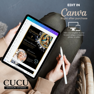 Editable Catholic funeral invitation template open in Canva on a tablet, showing customization options for text, photos, and memorial details. / Plantilla editable de invitación funeraria católica abierta en Canva en una tableta, mostrando opciones de personalización para texto, fotografías y detalles conmemorativos.