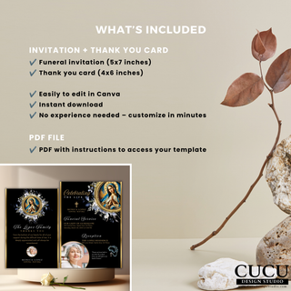 Product details for a Catholic funeral Canva template bundle including a funeral invitation, thank you card, instant download, and editable Canva access. / Detalles del producto para un paquete de plantillas funerarias católicas en Canva que incluye invitación funeraria, tarjeta de agradecimiento, descarga instantánea y acceso editable en Canva.