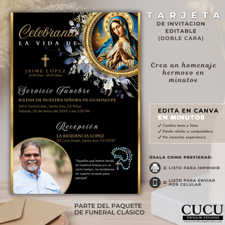 Invitación funeraria editable en Canva con diseño elegante de la Virgen María, tipografía dorada, información del servicio fúnebre, foto del difunto y elementos religiosos como cruz y rosario / Editable funeral invitation template in Canva featuring Virgin Mary design, gold typography, funeral service details, portrait photo and religious elements such as cross and rosary
