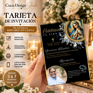 Invitación de funeral con Virgen María, foto del ser querido y detalles florales, plantilla editable en Canva de 5x7 pulgadas.
