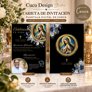 Invitación de funeral con Virgen María, mostrando el frente y reverso de la plantilla editable en Canva de 5x7 pulgadas.