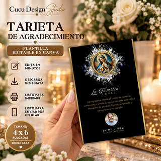 Tarjeta de agradecimiento funeral con Virgen María, foto del ser querido y diseño floral, plantilla editable en Canva de 4x6 pulgadas.