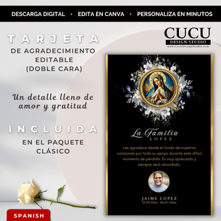 Tarjeta de agradecimiento funeraria editable con diseño religioso y elegante, incluyendo mensaje de gratitud, nombre del difunto y detalles personalizados / Editable funeral thank you card with elegant religious design, including gratitude message, name of the deceased and customizable details