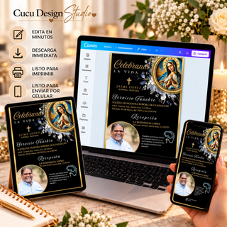 Paquete funeral con Virgen María mostrado en computadora, tableta y teléfono, diseñado para editar, imprimir o compartir digitalmente.