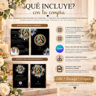 Paquete funeral editable en Canva con invitación y tarjeta de agradecimiento con Virgen María, mostrando todo lo incluido en la compra.