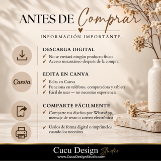 Información sobre paquete funeral digital editable en Canva, con descarga instantánea, uso personal y opciones para compartir o imprimir.