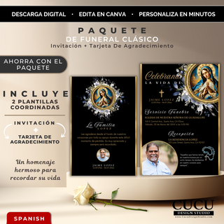 Vista de paquete funerario clásico que incluye invitación y tarjeta de agradecimiento con diseño elegante en fondo negro, detalles dorados, flores blancas y una imagen central de la Virgen María, acompañado de texto descriptivo del producto, ideal para crear un homenaje memorial sofisticado y respetuoso / Classic funeral package preview showing invitation and thank you card with elegant black background, gold accents, white floral details and central Virgin Mary illustration, designed for a respectful and s