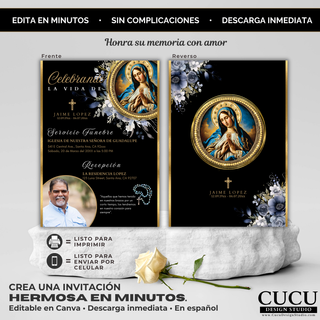 Vista frontal y reverso de invitación funeraria con diseño coordinado, mostrando detalles florales, imagen religiosa y estructura elegante para honrar la memoria de un ser querido / Front and back view of funeral invitation with coordinated design, floral elements, religious imagery and elegant layout to honor a loved one