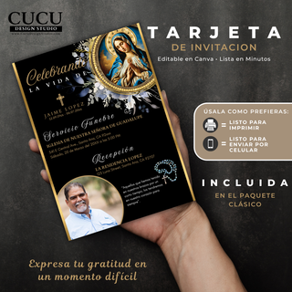 Tarjeta de invitación funeraria sostenida en la mano, mostrando diseño moderno elegante con Virgen María, colores negro y dorado, ideal para impresión o envío digital / Funeral invitation card held in hand displaying elegant modern design with Virgin Mary, black and gold tones, suitable for print or digital sharing