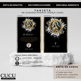 Vista frontal y reverso de tarjeta de agradecimiento funeraria con diseño floral y religioso, ideal para expresar agradecimiento después del servicio / Front and back view of funeral thank you card with floral and religious design, perfect for expressing gratitude after the service