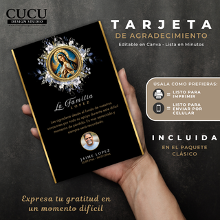 Tarjeta de agradecimiento sostenida en mano mostrando diseño elegante con Virgen María, tipografía dorada y fondo negro sofisticado / Funeral thank you card held in hand showing elegant design with Virgin Mary, gold typography and sophisticated black background