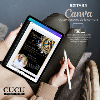 Tablet mostrando la edición del diseño en Canva, demostrando cómo personalizar fácilmente la invitación funeraria desde cualquier dispositivo / Tablet displaying Canva editing interface showing how to easily customize the funeral invitation from any device