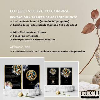 Lista de lo que incluye la compra del paquete funerario digital, destacando tamaños de tarjetas, facilidad de uso y descarga inmediata / Overview of what is included in the digital funeral package, highlighting card sizes, ease of use and instant download