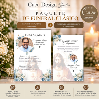 Paquete de funeral clásico editable en Canva con invitación de funeral de 5 x 7 pulgadas y tarjeta de agradecimiento de 4 x 6 pulgadas, diseño religioso con Jesucristo, flores blancas y azules y foto del ser querido.