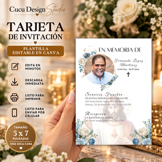 Invitación de funeral editable en Canva de 5 x 7 pulgadas con foto del ser querido, diseño religioso con Jesucristo, flores blancas y azules y detalles elegantes.
