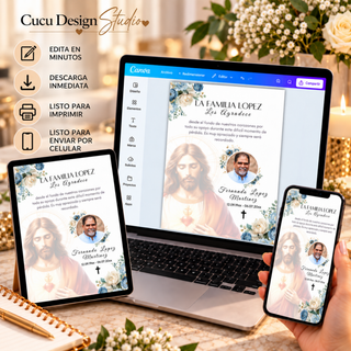 Invitación y tarjeta de agradecimiento de funeral editables en Canva, mostradas en laptop, tableta y teléfono para demostrar su uso en diferentes dispositivos.