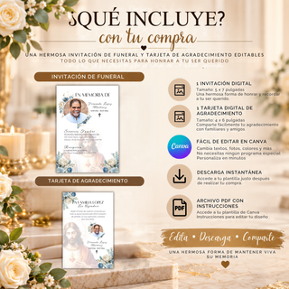 Paquete de funeral editable en Canva con invitación de 5 x 7 pulgadas y tarjeta de agradecimiento de 4 x 6 pulgadas, incluyendo descarga digital, edición en Canva e instrucciones en PDF.