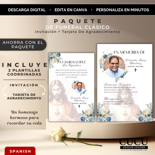 Paquete de funeral clásico editable en Canva que incluye una invitación fúnebre tamaño 5x7 y una tarjeta de agradecimiento tamaño 4x6 con flores azules, imagen religiosa y descarga digital inmediata.

English:
Classic funeral package editable in Canva including a 5x7 funeral invitation and a 4x6 thank you card featuring blue floral accents, religious artwork and instant digital download.